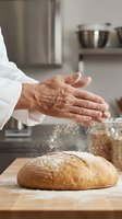 Baker dusting flour over freshly baked artisan bread loaf on wooden surface in professional kitchen setting.