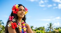 Young woman with dark hair and medium skin tone wearing vibrant floral lei and flower crown, smiling outdoors against tropical sky with palm trees, suitable for travel and summer campaigns.