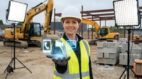 Female construction worker in safety helmet and high-visibility vest gestures toward camera on active job site with excavators and equipment in background.
