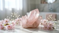 Rose quartz crystal cluster with delicate pink cherry blossoms on white marble surface in bright bathroom setting for wellness and spa decor.