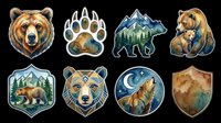 Watercolor bear sticker set isolated on transparent background, featuring grizzly, paw print, mountain scene, mother and cub, wolf, and shield designs for print on demand.
