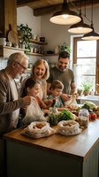 Multi-generational Caucasian family cooking together in rustic farmhouse kitchen with wooden beams and pendant lights preparing healthy organic meal.