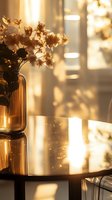 Dried flowers in amber glass vase on reflective surface catching golden sunlight through window, creating atmospheric shadows and warm glow for cozy home decor.