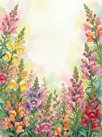 Watercolor snapdragon garden with colorful pink, yellow, purple, and orange blooms framing a soft pastel background with copy space.