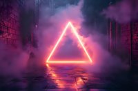 Glowing neon triangle in dark urban alley with purple smoke and atmospheric lighting creating futuristic cyberpunk mood for digital art projects.