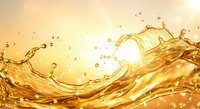 Golden liquid splash with dynamic waves and droplets creating fluid motion against warm yellow background for beverage and cosmetic advertising.