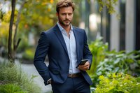 Confident Caucasian businessman in navy suit checking smartphone outdoors against green garden background. Professional portrait showcasing success and leadership.