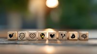 Wooden dice with social media and communication icons lined up on rustic surface with soft bokeh background lighting creating warm atmospheric mood.