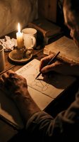Medieval scholar writing ancient manuscript by candlelight with quill pen, surrounded by old books and parchment in atmospheric stone chamber setting.