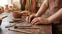 Skilled craftsman hands shaping clay on wooden workbench in traditional pottery workshop with ceramic bowls and artisan tools creating handmade pottery.