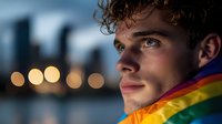 Young Caucasian man with curly hair in profile against blurred city lights background wearing rainbow flag scarf, looking thoughtful and confident at sunset.