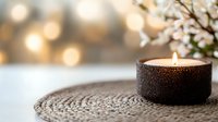 Glowing tea light candle on knitted texture with soft bokeh lights and white spring blossoms in background creating cozy atmospheric mood for spa or relaxation.