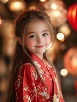 Young Asian girl wearing traditional red floral kimono smiles warmly against blurred background with glowing lanterns and bokeh lights during cultural celebration.