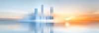 Minimalist cityscape silhouette reflecting in calm water at sunrise, modern skyscrapers in foggy atmosphere create peaceful urban panorama. Suitable for wall art.