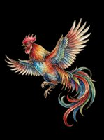 Colorful rooster with vibrant plumage and flowing tail feathers isolated on transparent background, ready for t-shirts, stickers, clipart, and print-on-demand designs.
