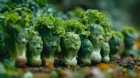 Fresh green brussels sprouts growing in rows in organic garden, close up view showing natural texture and pattern of vegetable heads emerging from soil.