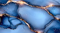 Abstract luxury background with blue and gold marble effect, glowing golden veins, and sparkling particles creating elegant fluid art pattern.