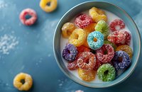 Colorful sugar-coated cereal rings in vibrant rainbow colors served in ceramic bowl on blue background. Sweet breakfast food photography with scattered pieces.