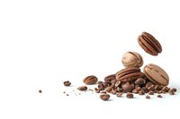 Falling pecan nuts and crumbs scattered on white background, isolated composition with natural brown nuts and pieces creating dynamic movement.