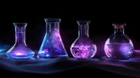 Laboratory glassware with glowing purple chemical solutions on dark background for science research and experimentation concepts.