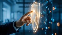 Businessman touching glowing digital shield surrounded by binary code, symbolizing cybersecurity, data protection, and network safety in modern technology.