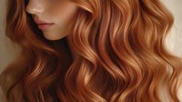 Young woman with luxurious wavy copper red hair showcasing natural texture and shine for beauty salon advertising and hair care product marketing campaigns.