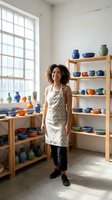 Happy African American female potter standing in ceramic studio workshop surrounded by handmade pottery bowls and vases on wooden shelves.