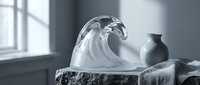 Transparent glass wave sculpture on stone base in minimalist interior with ceramic vase, modern art decoration for contemporary home design and luxury decor.