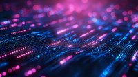 Glowing digital particles with pink and blue bokeh lights creating dynamic motion trails against dark background, modern technology concept for presentations.