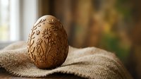 Intricately carved wooden egg with floral patterns on burlap fabric, showcasing traditional craftsmanship and artisanal woodwork for home decor and cultural art.