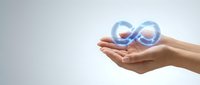 Hands holding glowing blue infinity symbol representing endless possibilities, eternal concepts, and sustainable business solutions for corporate presentations.