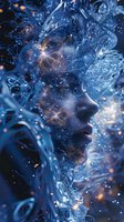 Mystical female profile with cosmic galaxy elements merged in deep blue tones, surrounded by ethereal light effects and crystalline structures. For fantasy art.