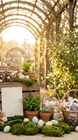 Easter garden display with bunny decorations, colorful eggs, potted herbs and wicker baskets in sunny greenhouse setting for spring holiday celebrations.