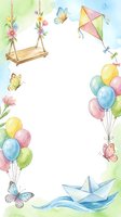 Watercolor spring frame with colorful balloons, paper boat, kite, swing and butterflies on white background for children party invitations and greeting cards.