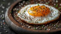 Sunny side up egg seasoned with black pepper and salt on rustic wooden plate, extreme close up with selective focus on bright orange yolk and crispy edges.