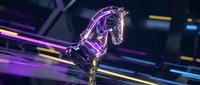 Glowing purple neon horse sculpture with electric energy effects on reflective surface in futuristic cyberpunk environment with colorful lighting streaks.