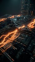 Digital circuit board with glowing orange energy pathways and code overlay, representing data flow, technology infrastructure, and network connectivity for tech and innovation concepts.