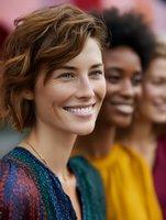 Diverse group of young women smiling and laughing together, showcasing natural beauty, friendship and inclusivity. Perfect for wellness, lifestyle and beauty campaigns.