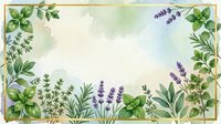 Watercolor herb garden frame with lavender, basil, thyme and sage creating decorative border on textured paper background for culinary and botanical designs.