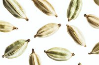 Green cardamom pods scattered on white background in flat lay composition, aromatic spice ingredient for cooking and flavoring food and beverages.