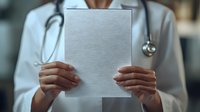 Female medical professional in white coat holding blank document while wearing stethoscope, cropped view focusing on hands and paperwork in healthcare setting.