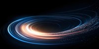 Glowing spiral light trails in motion against dark background, blue and orange luminous swirling energy streams create dynamic cosmic effect. For technology backgrounds.