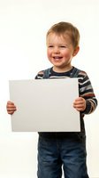 Happy toddler boy holding blank white sign isolated on white background for advertising and promotional designs.