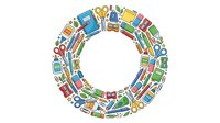 Colorful school supplies arranged in circular frame on white background. Educational items including books, pencils, scissors, and notebooks form decorative border. Isolated clipart suitable for education designs, posters, and learning materials.
