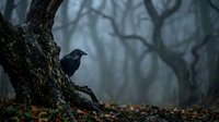 A dark bird perches on a moss-covered branch in a misty forest, surrounded by bare trees and fallen leaves, evoking a moody, atmospheric woodland scene.