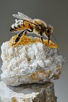 Detailed macro view of honey bee collecting nectar from crystallized honeycomb structure with intricate hexagonal patterns and natural honey drips on reflective surface.