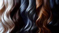 Wavy hair strands in different natural colors from platinum blonde to deep black arranged in vertical pattern on dark background, showing various hair dye shades and textures.