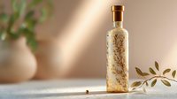 Glass bottle with golden floral pattern and decorative elements on beige background with olive branch and soft shadows, elegant minimalist composition.