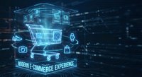 Modern e-commerce experience with holographic shopping cart and digital icons floating above glowing platform on dark technology background for online retail.