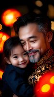 Asian father in traditional embroidered garment embracing young daughter, both smiling warmly against blurred red and gold bokeh lights during lunar new year celebration.